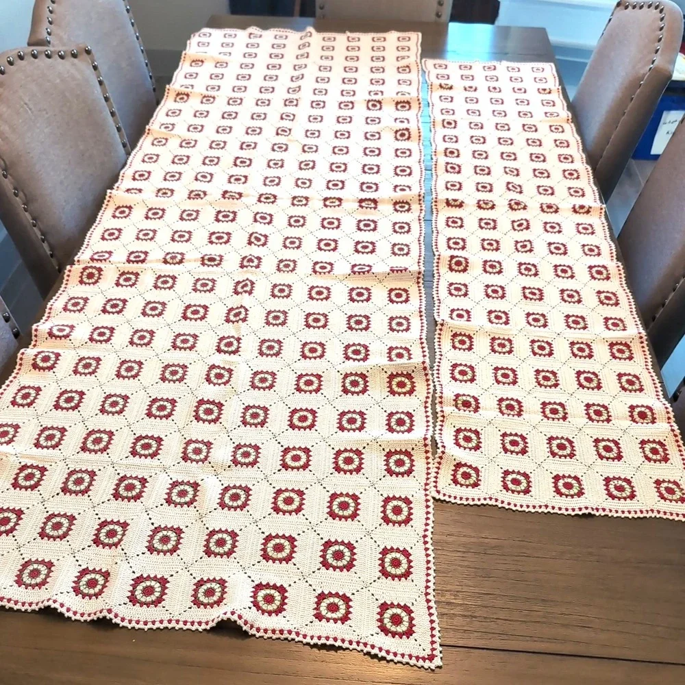 Handmade Crochet Table Runner 2pc Granny Square Cream Red Green 88X32 70X17